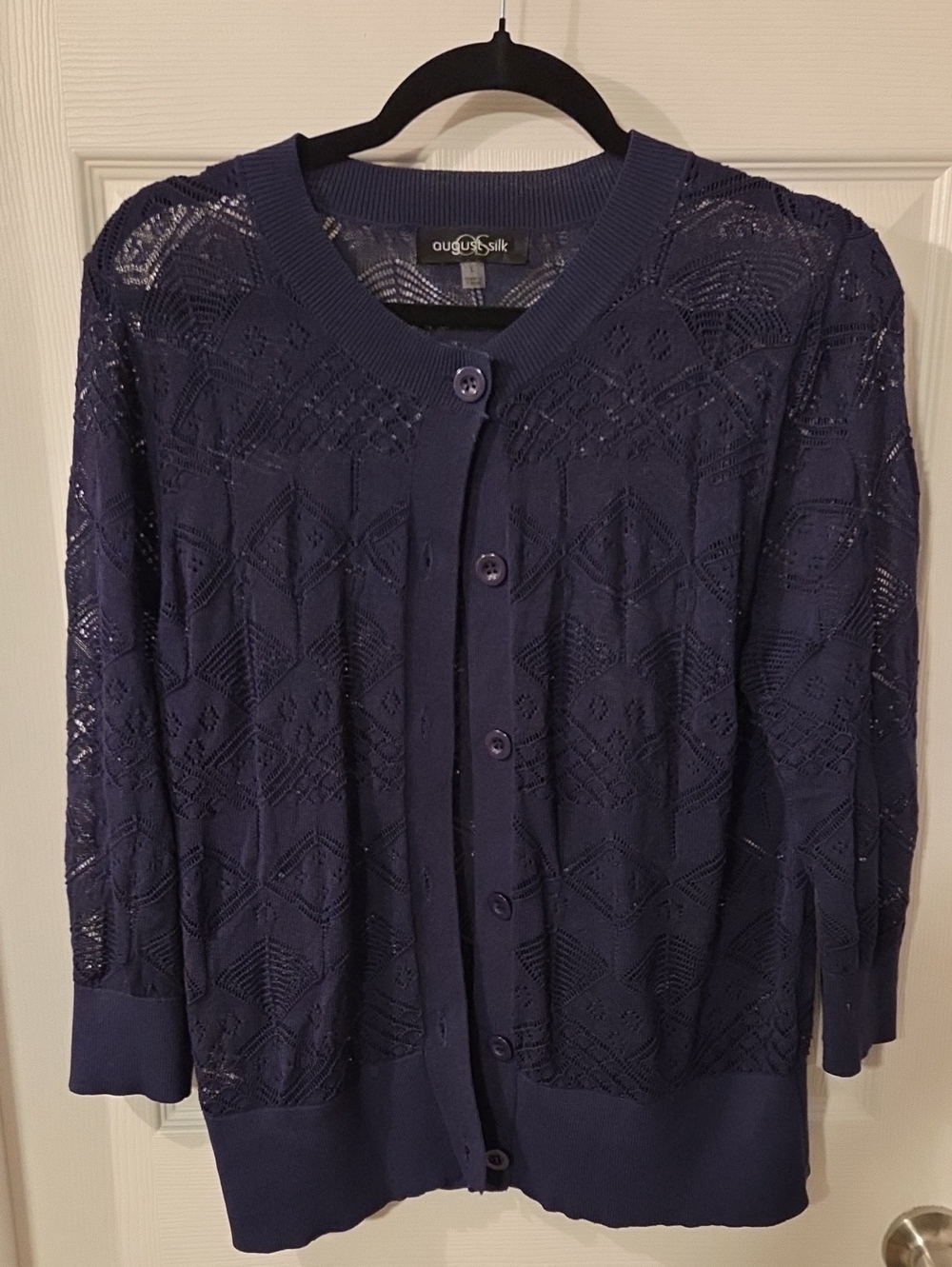 august silk Navy Blue Openwork Button-Front Cardigan